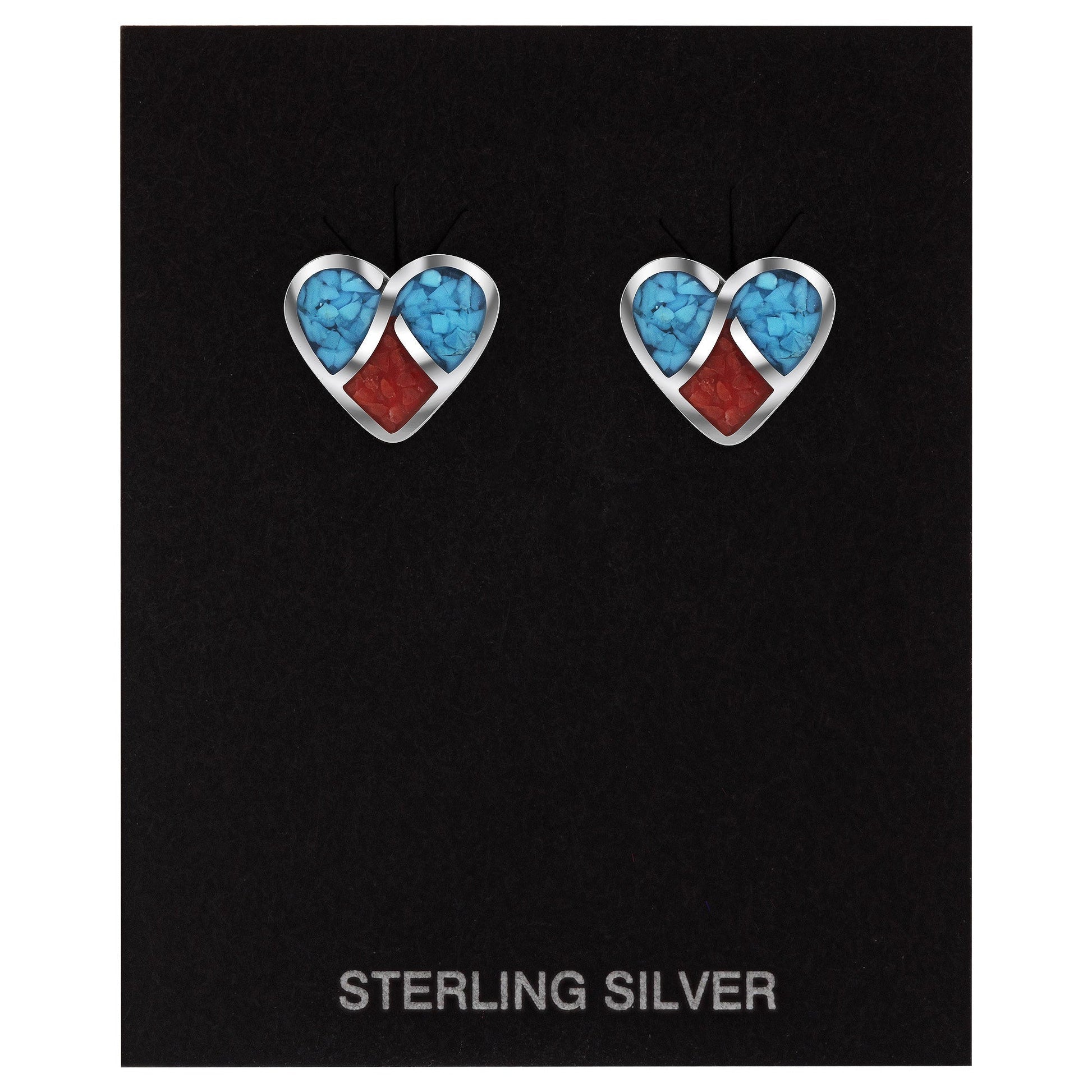Heart Blue Turquoise Red Coral Gemstone 925 Sterling Silver Post Back Stud Earrings - Gem Avenue