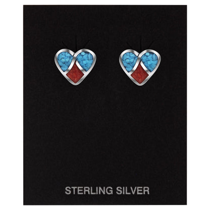 Heart Blue Turquoise Red Coral Gemstone 925 Sterling Silver Post Back Stud Earrings - Gem Avenue