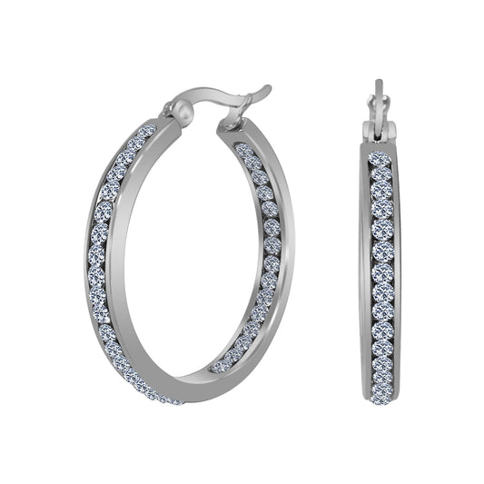 Silver Plated Stainless Steel Cubic Zirconia CZ 30mm Hoop Earrings