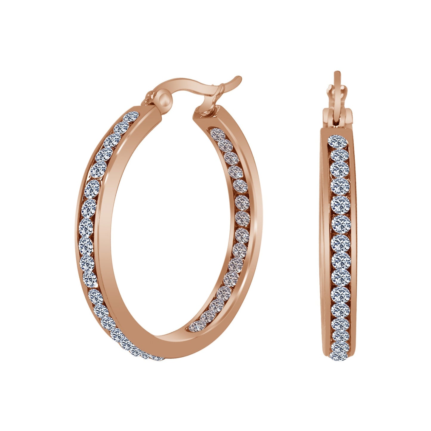 Rose Gold Plated Stainless Steel Cubic Zirconia CZ 30mm Hoop Earrings