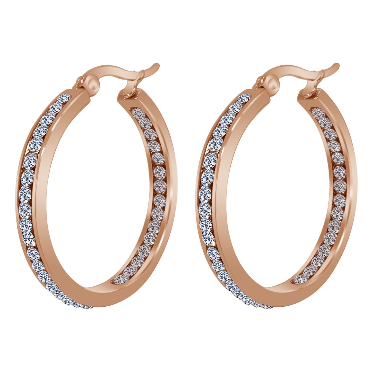 Rose Gold Plated Stainless Steel Cubic Zirconia CZ 30mm Hoop Earrings