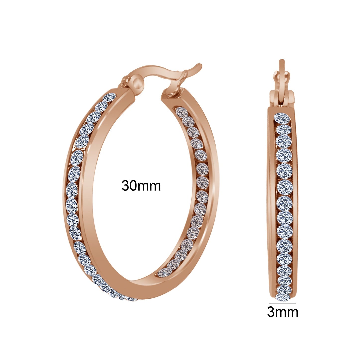 Rose Gold Plated Stainless Steel Cubic Zirconia CZ 30mm Hoop Earrings
