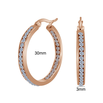 Rose Gold Plated Stainless Steel Cubic Zirconia CZ 30mm Hoop Earrings