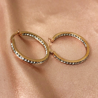 Rose Gold Plated Stainless Steel Cubic Zirconia CZ 30mm Hoop Earrings