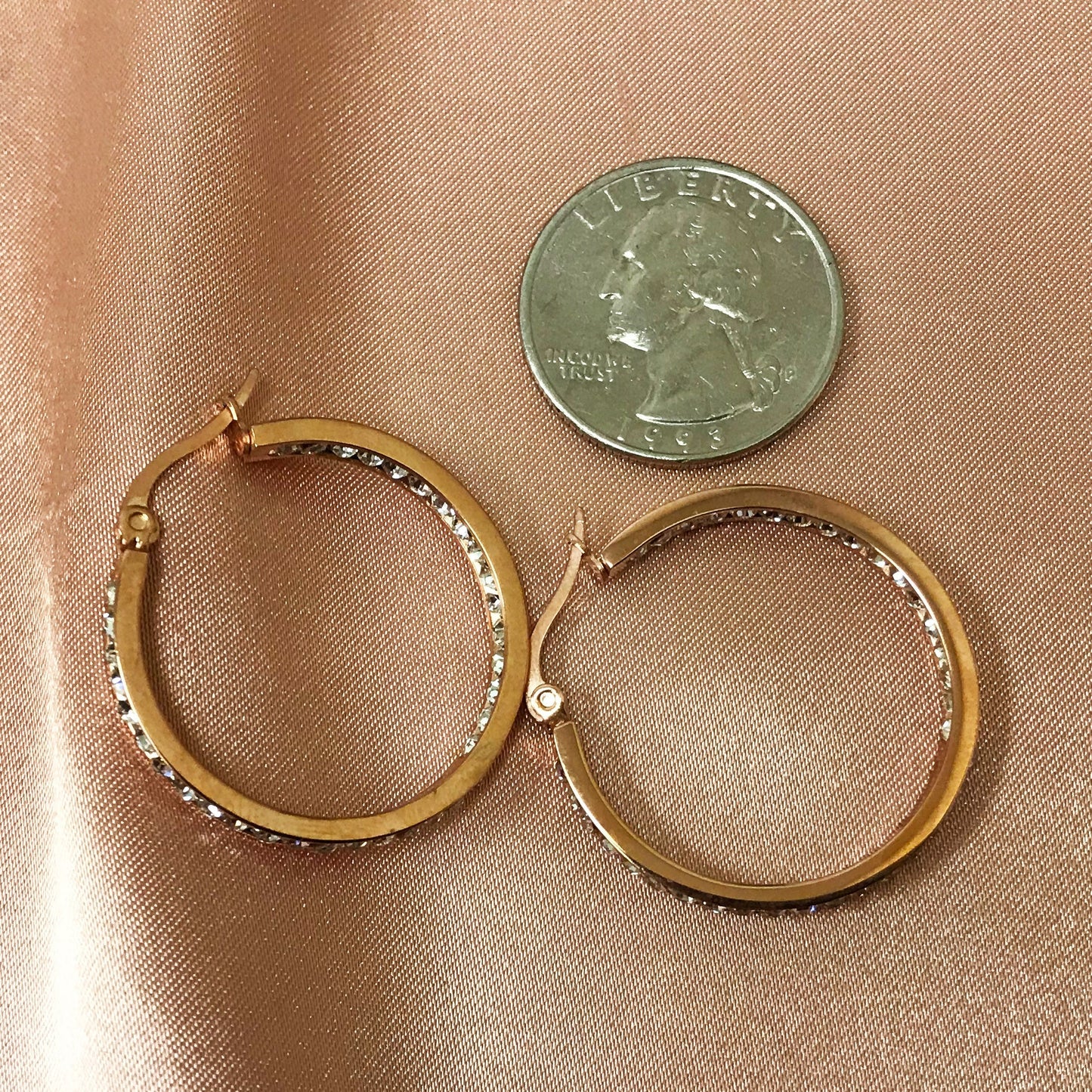 Rose Gold Plated Stainless Steel Cubic Zirconia CZ 30mm Hoop Earrings