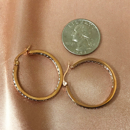 Rose Gold Plated Stainless Steel Cubic Zirconia CZ 30mm Hoop Earrings