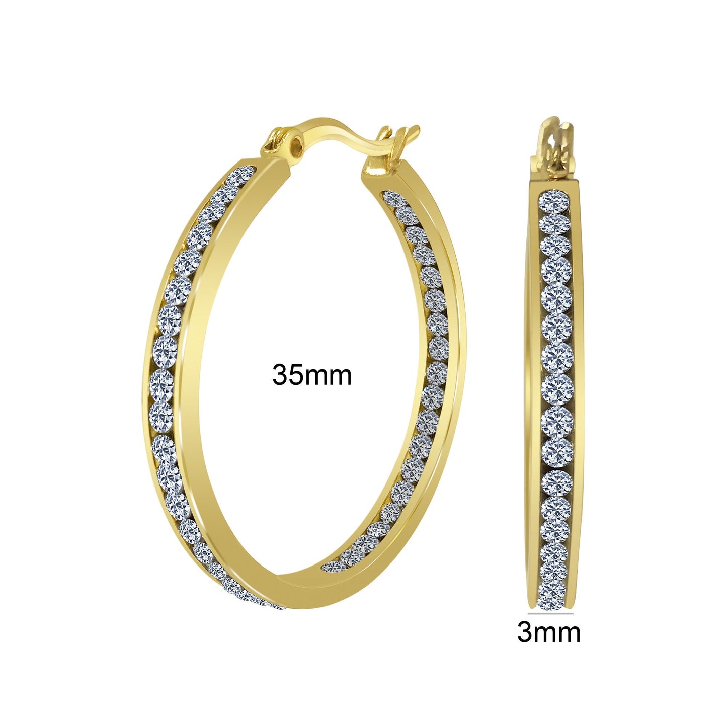 Gold plated Stainless Steel Cubic Zirconia CZ 35mm Hoop Earrings