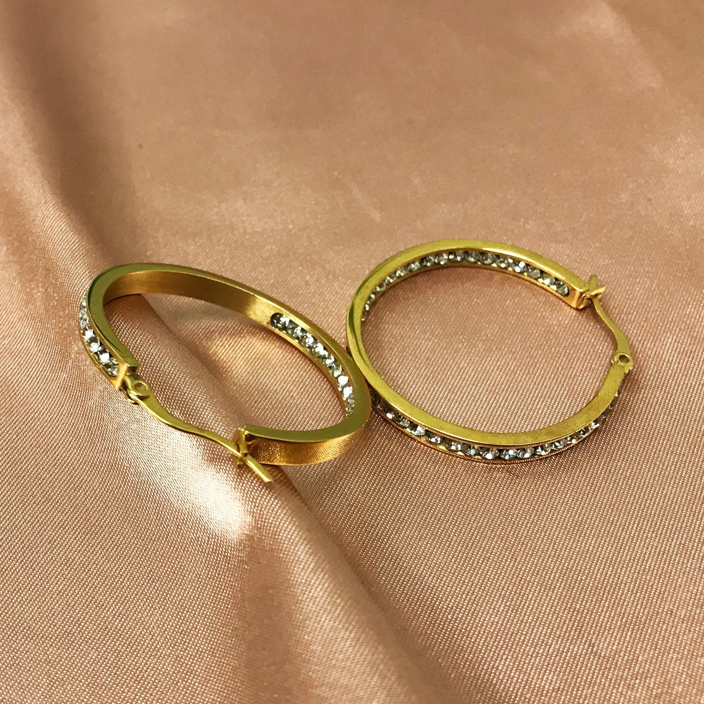 Gold plated Stainless Steel Cubic Zirconia CZ 35mm Hoop Earrings
