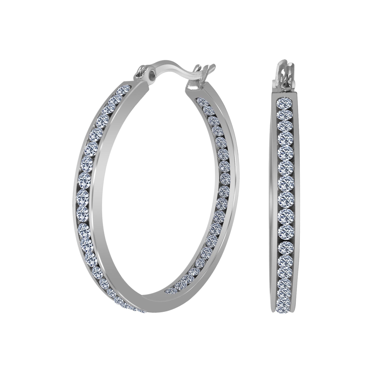 Silver Plated Stainless Steel Cubic Zirconia CZ 35mm Hoop Earrings
