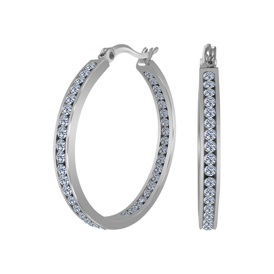Silver Plated Stainless Steel Cubic Zirconia CZ 35mm Hoop Earrings