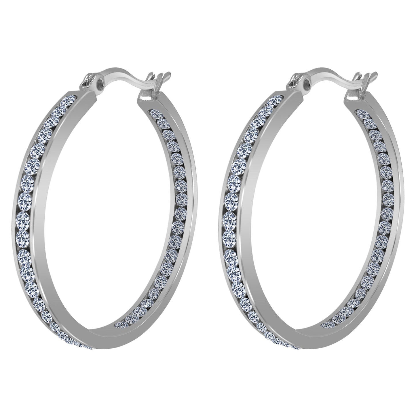 Silver Plated Stainless Steel Cubic Zirconia CZ 35mm Hoop Earrings