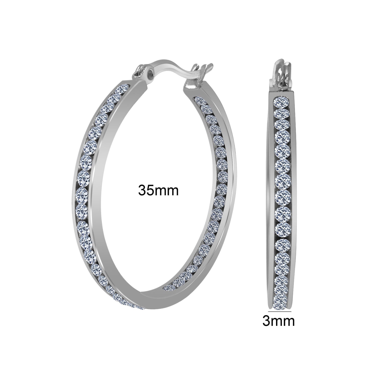 Silver Plated Stainless Steel Cubic Zirconia CZ 35mm Hoop Earrings