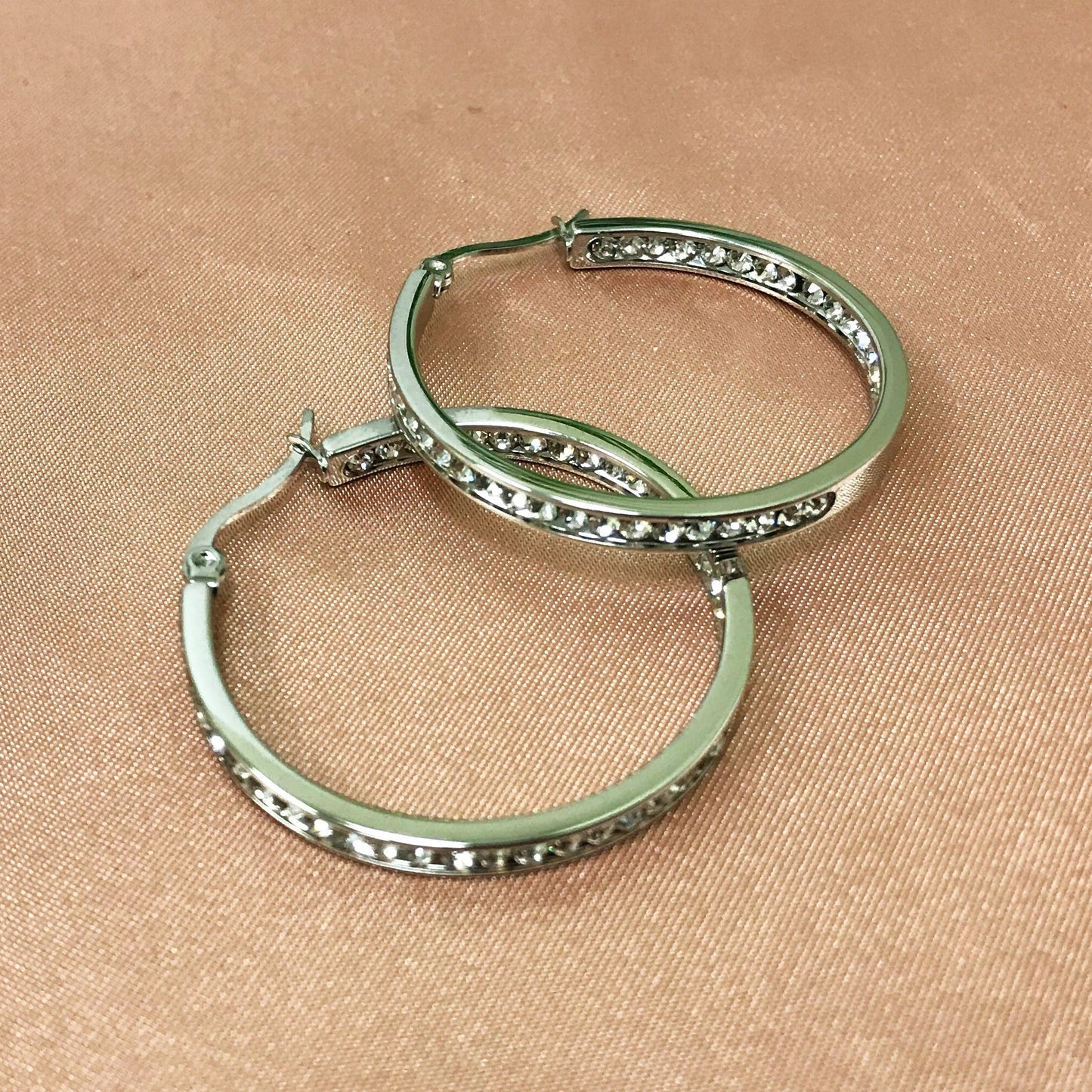 Silver Plated Stainless Steel Cubic Zirconia CZ 35mm Hoop Earrings