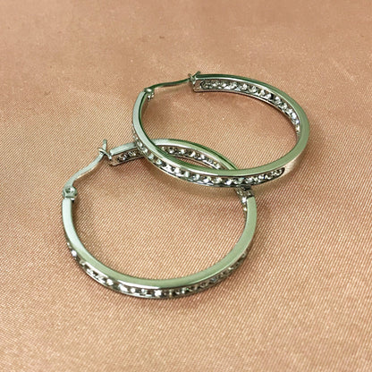 Silver Plated Stainless Steel Cubic Zirconia CZ 35mm Hoop Earrings