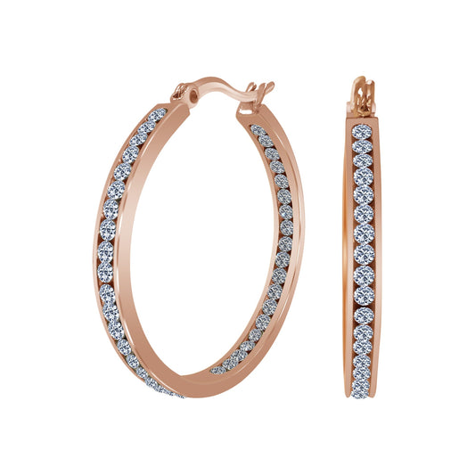 Rose Gold Plated Stainless Steel Cubic Zirconia CZ 35mm Hoop Earrings