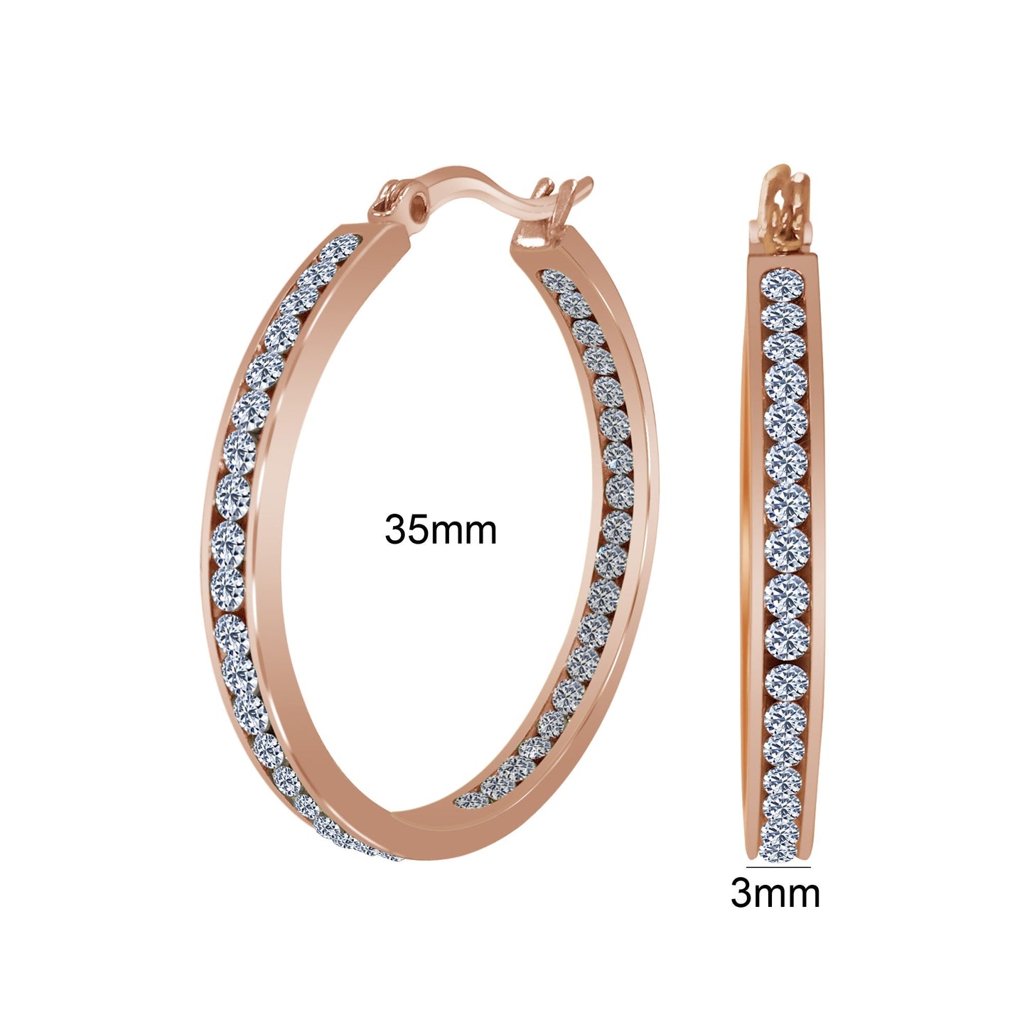Rose Gold Plated Stainless Steel Cubic Zirconia CZ 35mm Hoop Earrings