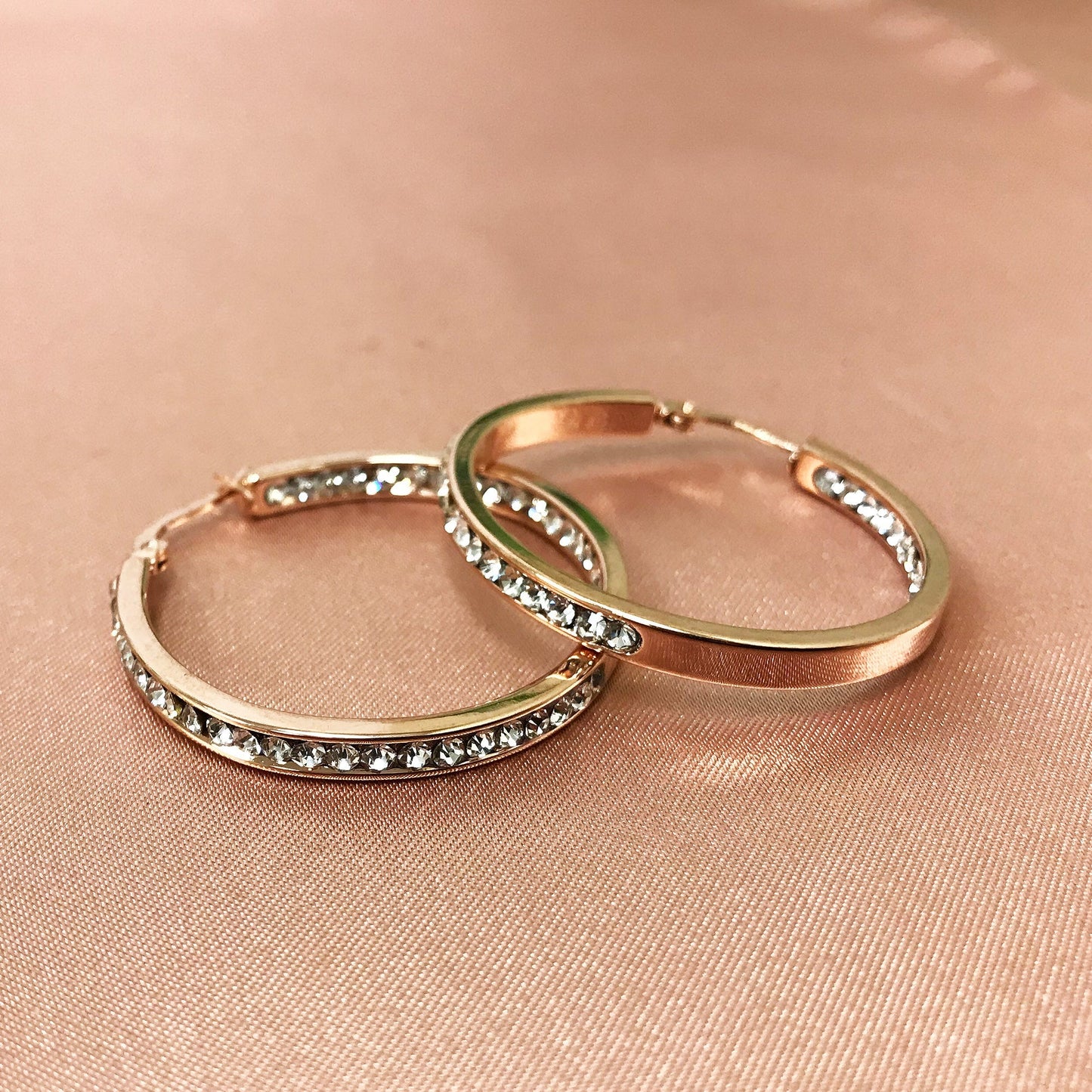 Rose Gold Plated Stainless Steel Cubic Zirconia CZ 35mm Hoop Earrings