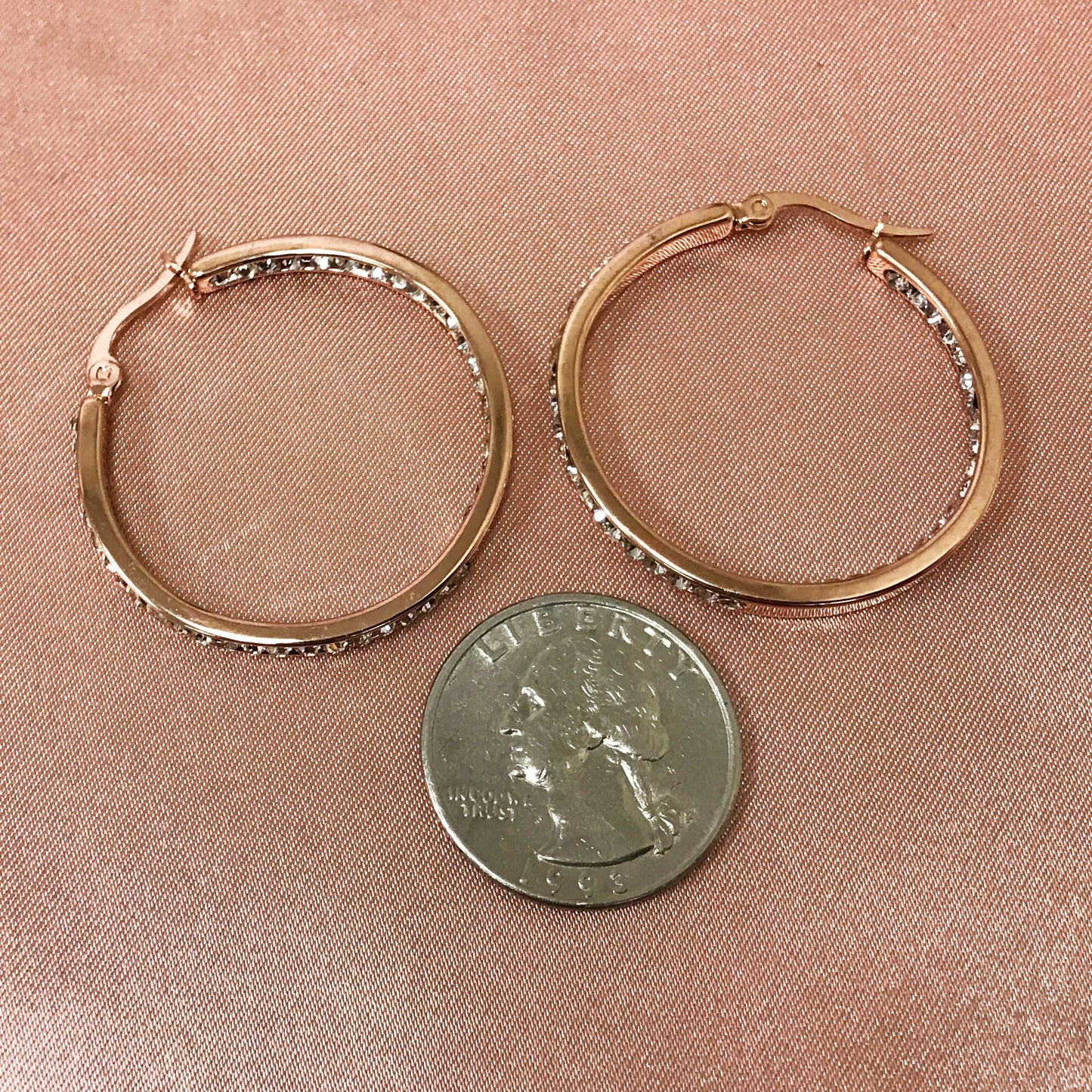 Rose Gold Plated Stainless Steel Cubic Zirconia CZ 35mm Hoop Earrings
