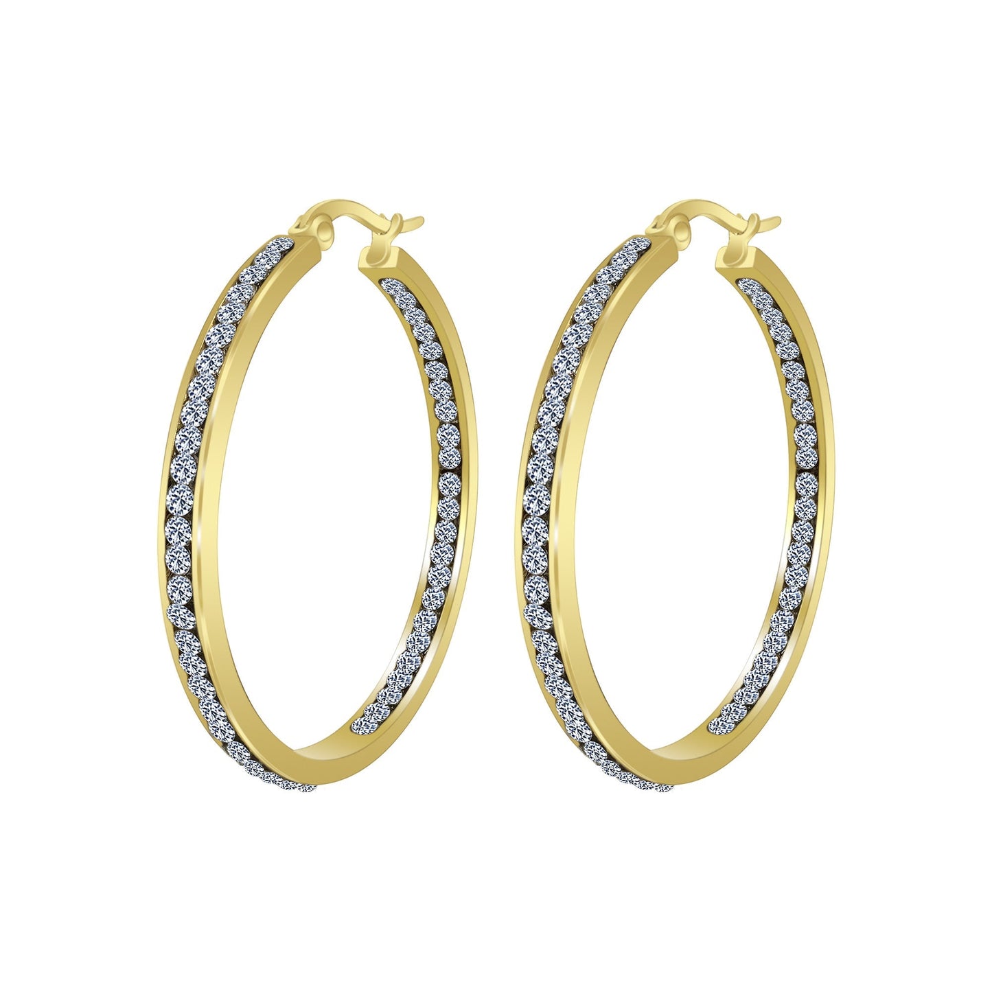 Gold plated Stainless Steel Cubic Zirconia CZ 40mm Hoop Earrings