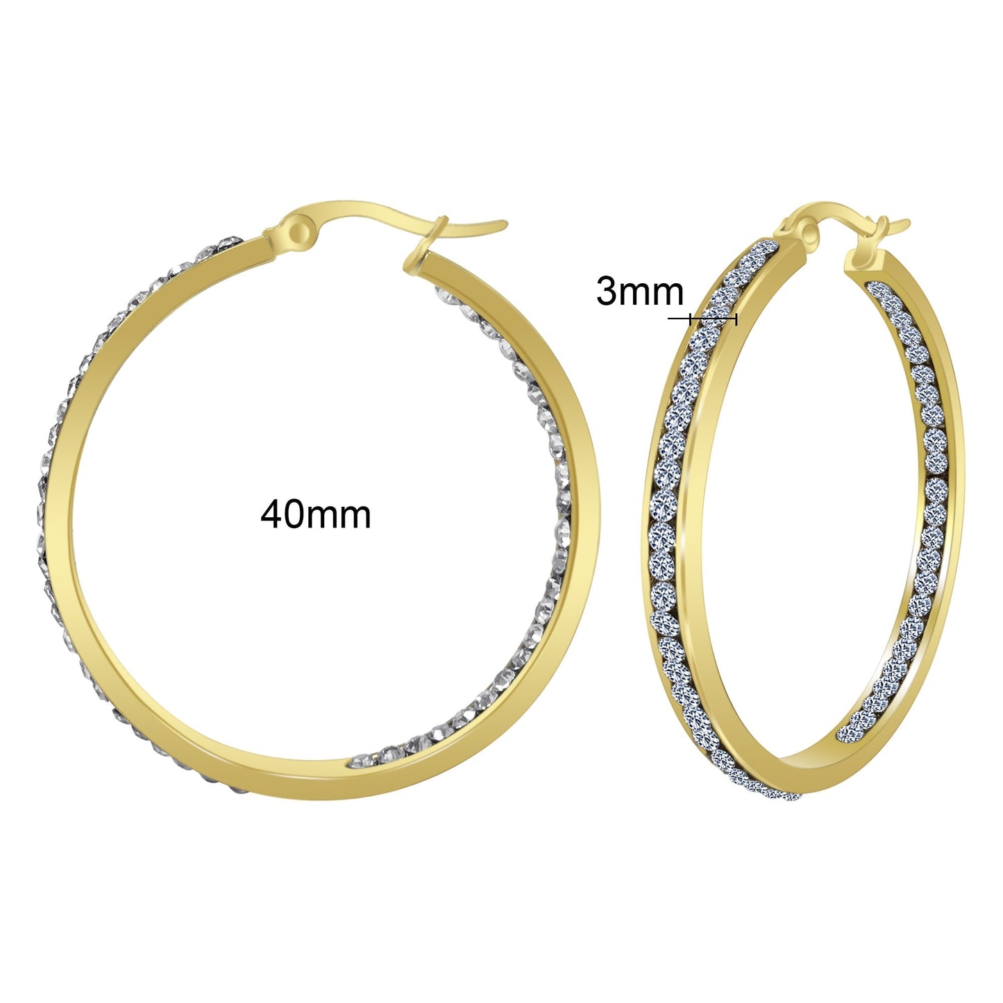 Gold plated Stainless Steel Cubic Zirconia CZ 40mm Hoop Earrings