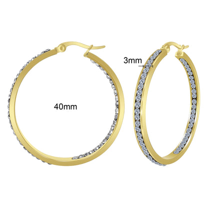 Gold plated Stainless Steel Cubic Zirconia CZ 40mm Hoop Earrings