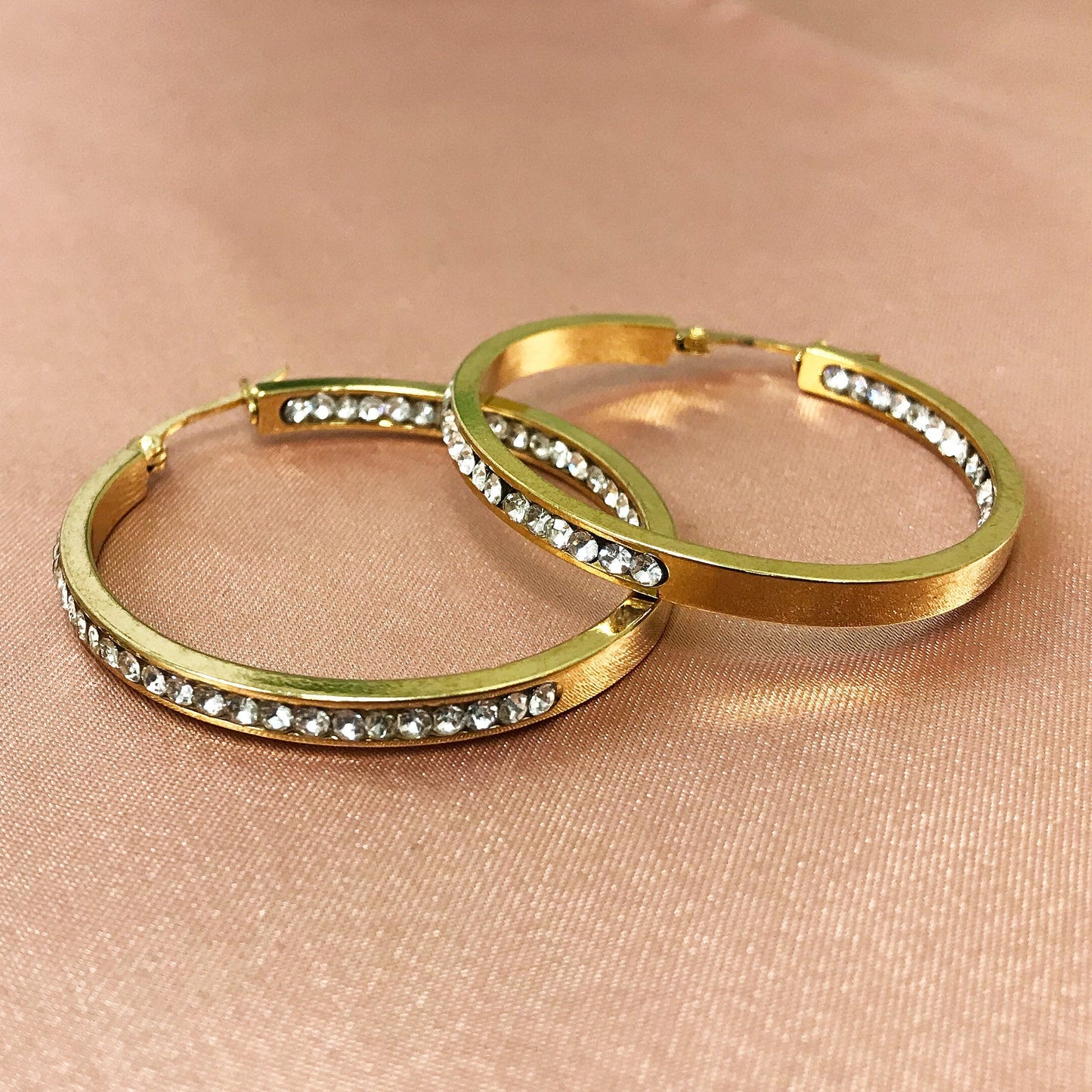 Gold plated Stainless Steel Cubic Zirconia CZ 40mm Hoop Earrings