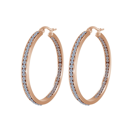 Rose Gold Plated Stainless Steel Cubic Zirconia CZ 40mm Hoop Earrings