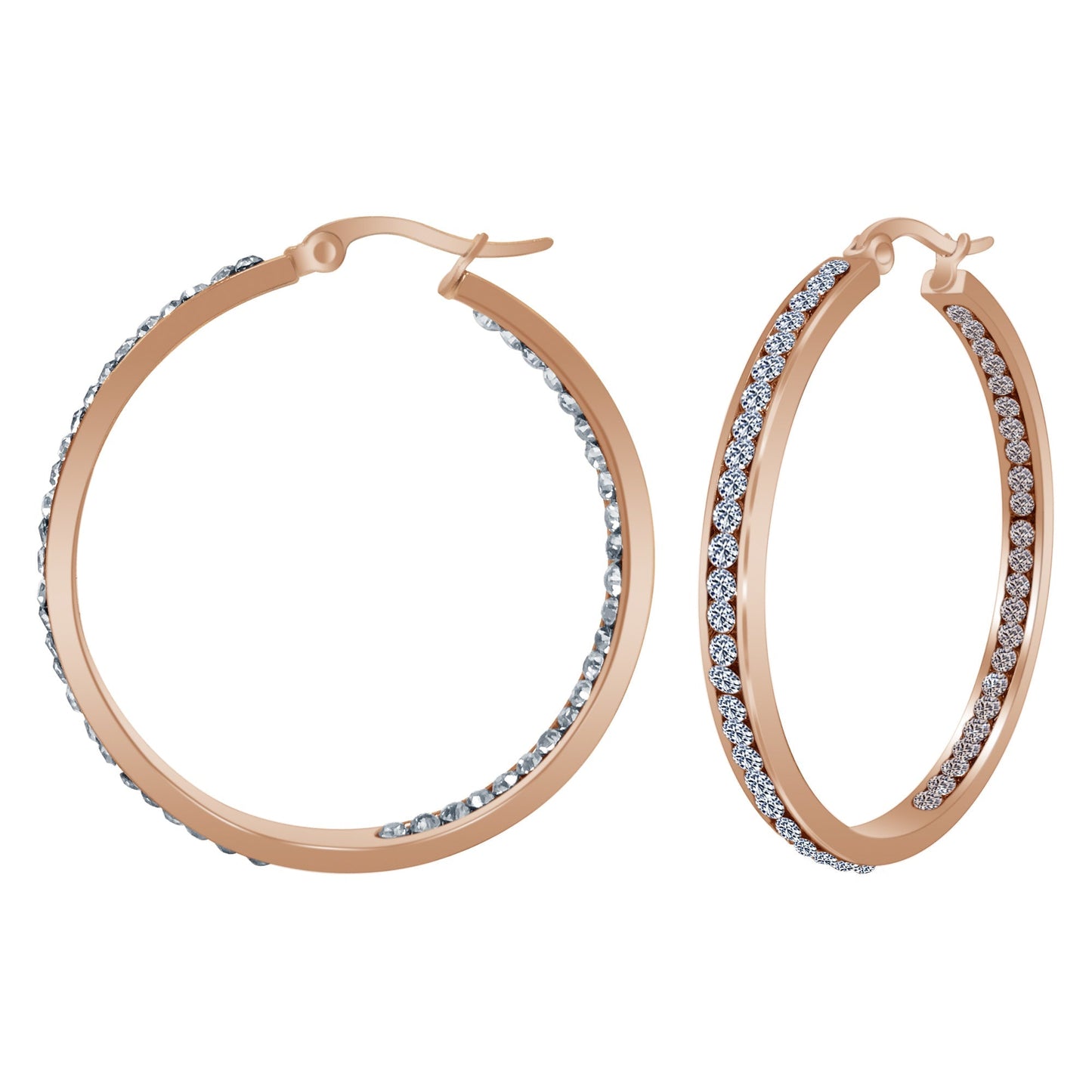 Rose Gold Plated Stainless Steel Cubic Zirconia CZ 40mm Hoop Earrings