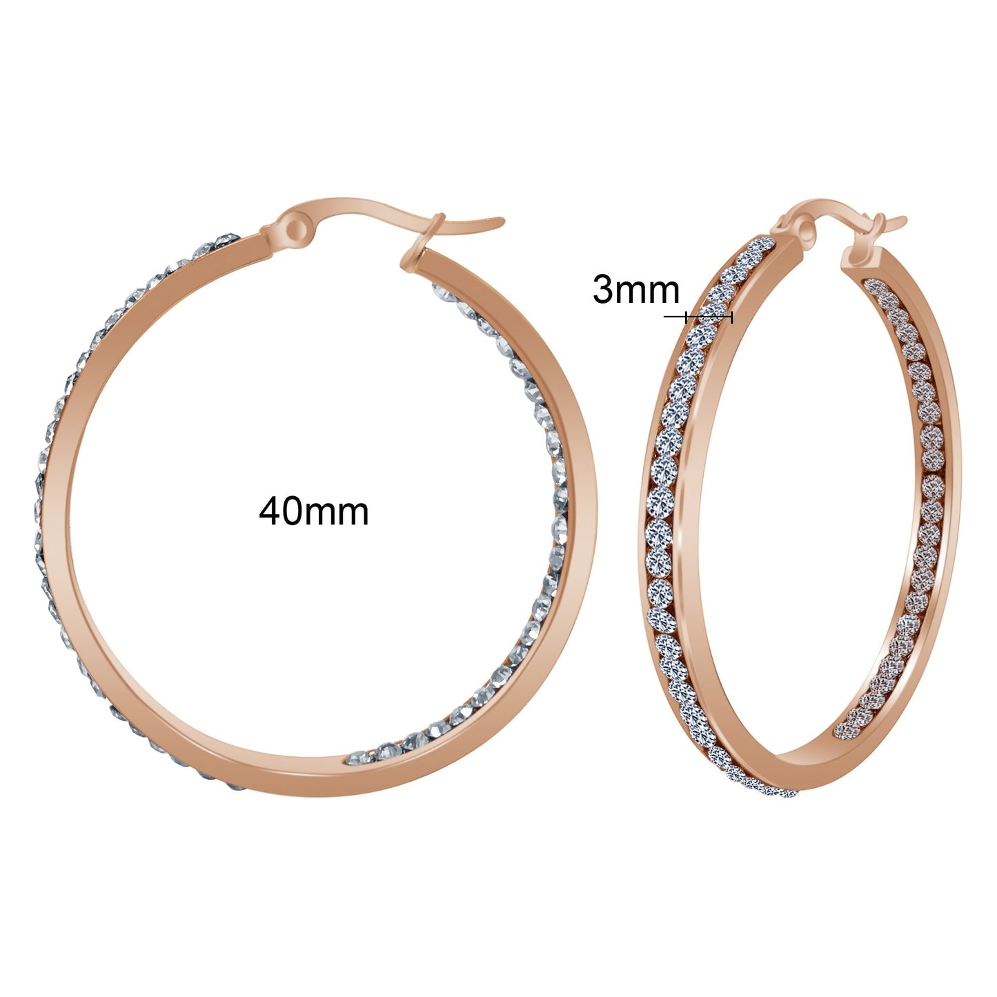 Rose Gold Plated Stainless Steel Cubic Zirconia CZ 40mm Hoop Earrings