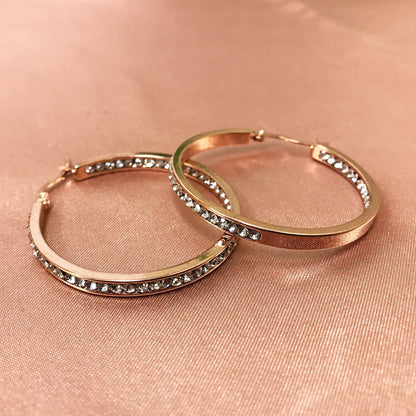 Rose Gold Plated Stainless Steel Cubic Zirconia CZ 40mm Hoop Earrings