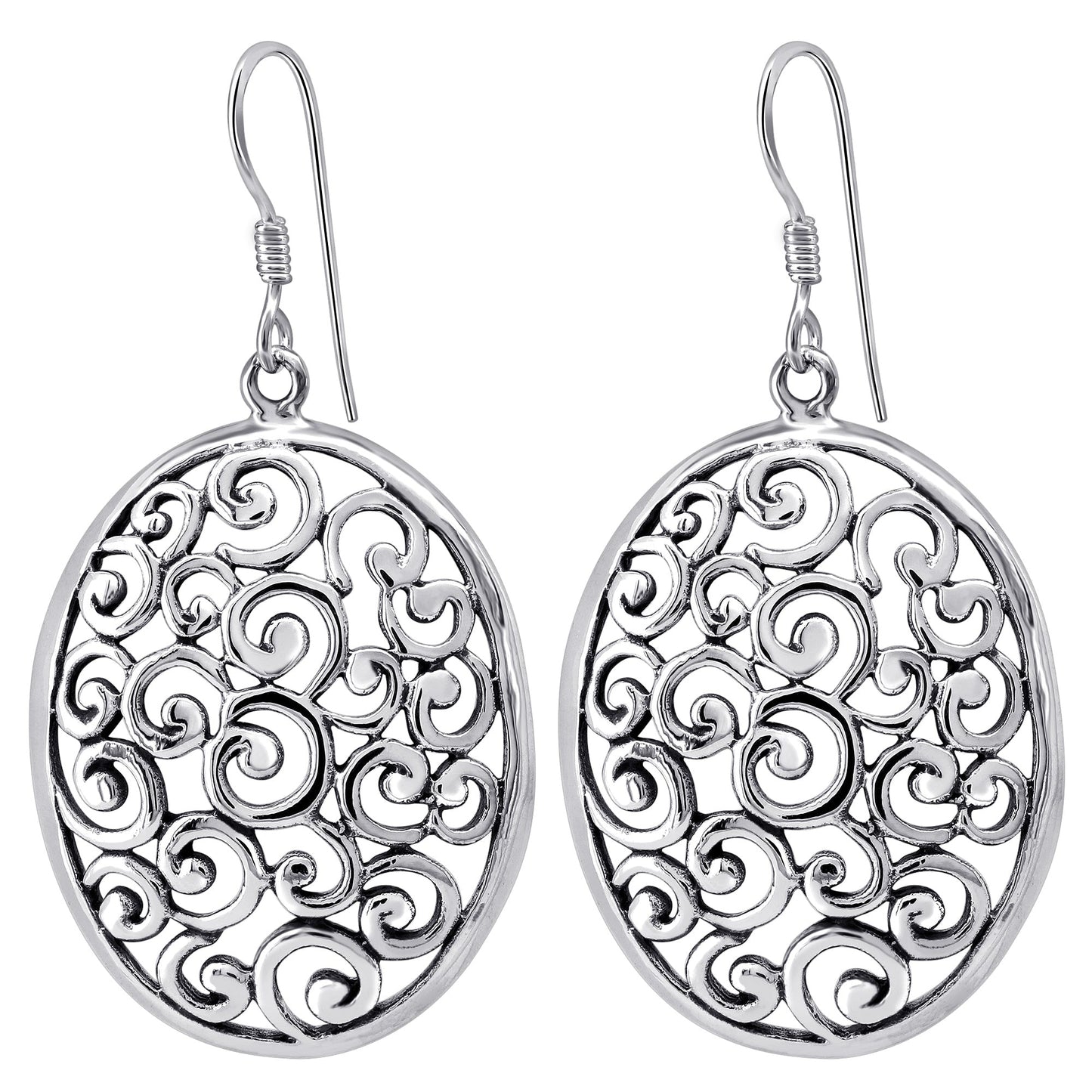 Polished Oxidized Filigree Swirl Design Oval 925 Silver Dangle Earrings - Gem Avenue