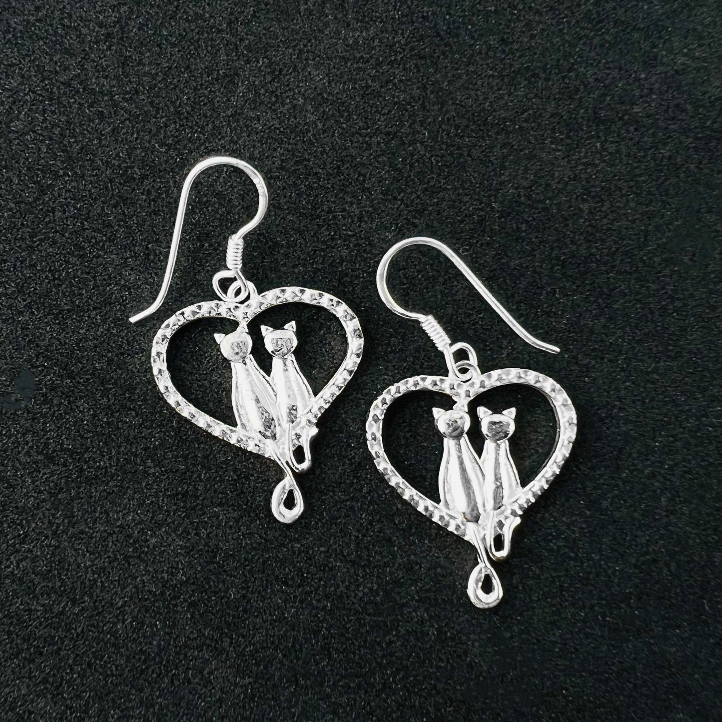 Love Heart Cat Couple Star Design 925 Sterling Silver Drop Earrings - Gem Avenue