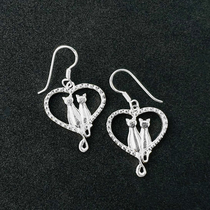 Love Heart Cat Couple Star Design 925 Sterling Silver Drop Earrings - Gem Avenue
