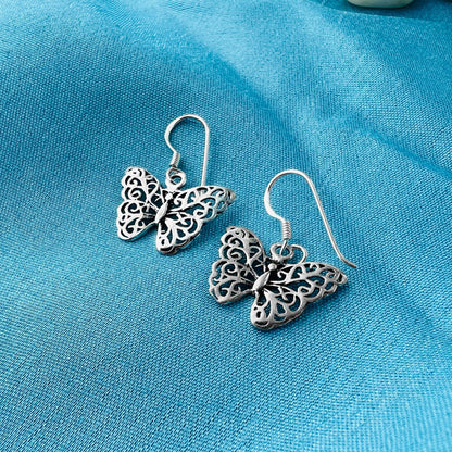 Filigree Butterfly 925 Sterling Silver Hook Drop Dangle Earrings - Gem Avenue