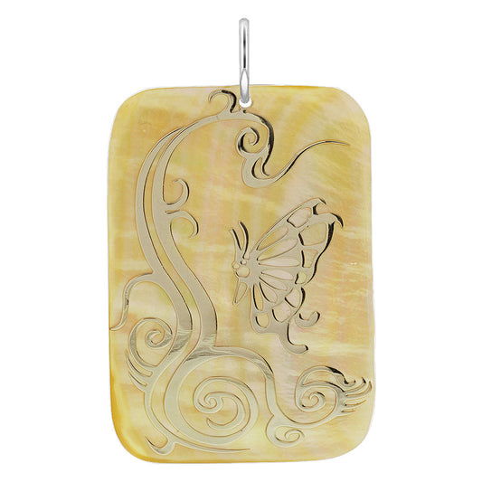 Mother of Pearl & Floral Design Gold Tone Sterling Silver Pendant - Gem Avenue