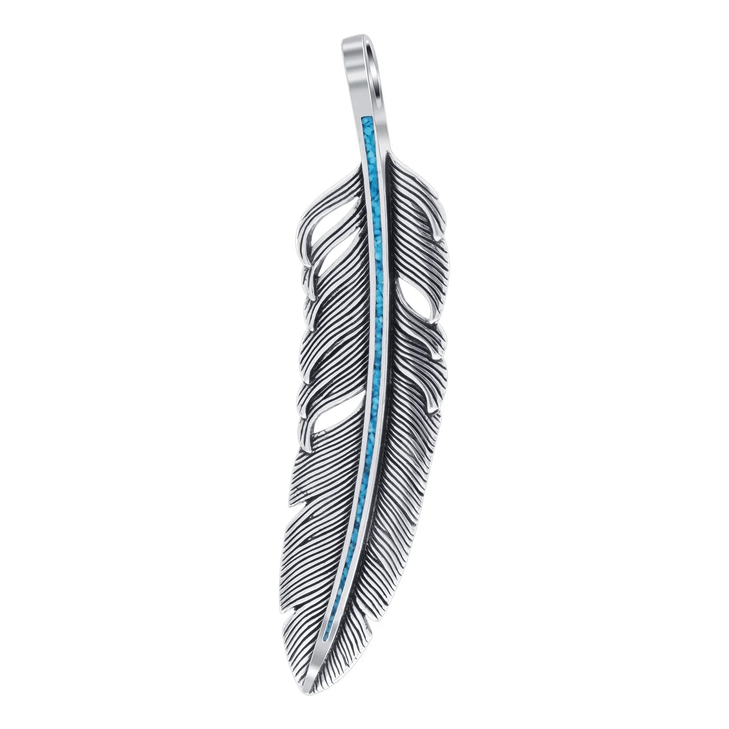 Turquoise Gemstone Inlay Feather Design .925 Sterling Silver Pendant