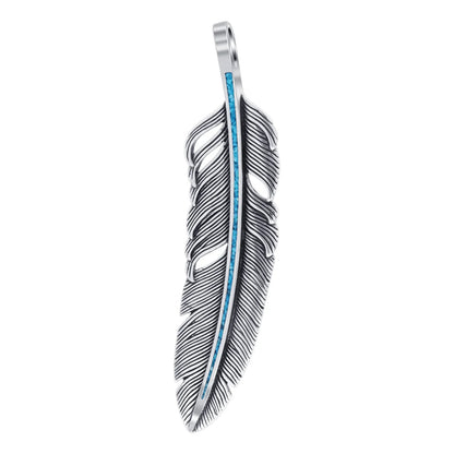 Turquoise Gemstone Inlay Feather Design .925 Sterling Silver Pendant