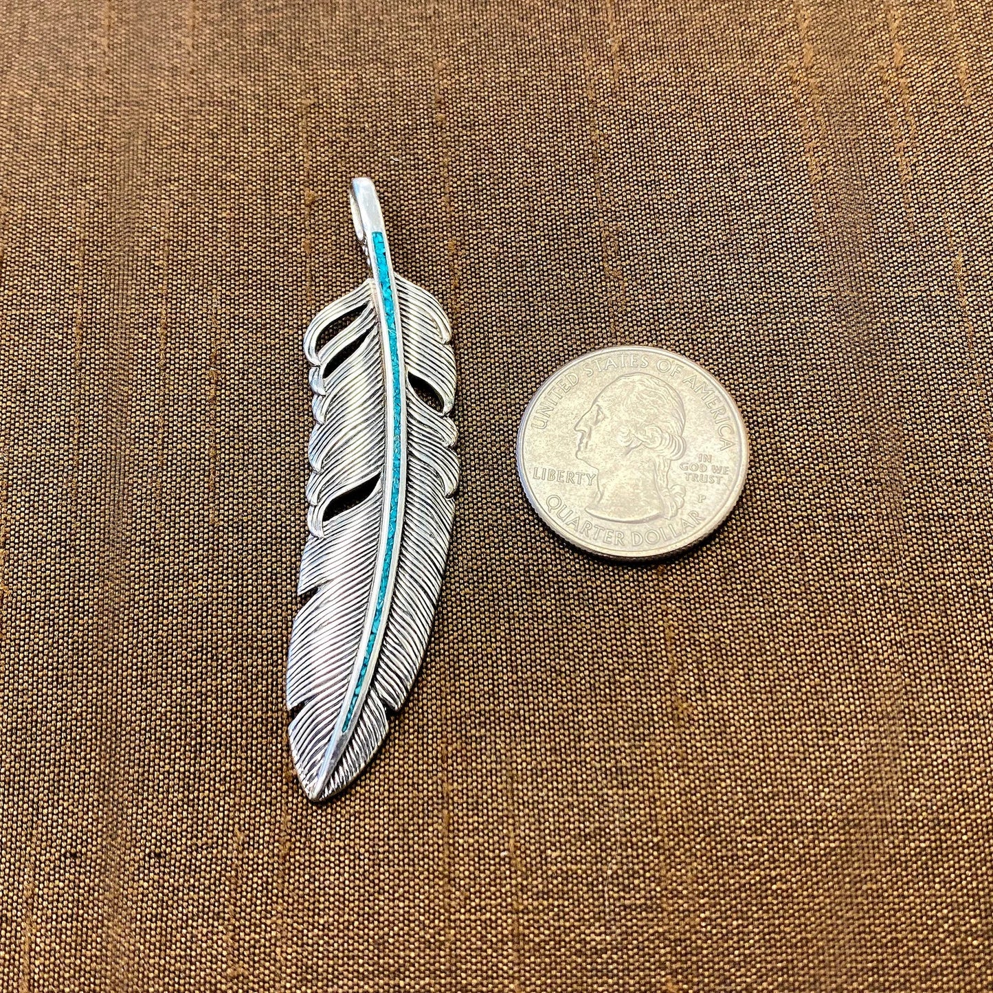 Turquoise Gemstone Inlay Feather Design .925 Sterling Silver Pendant