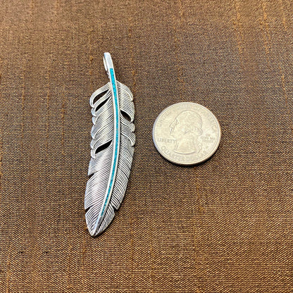 Turquoise Gemstone Inlay Feather Design .925 Sterling Silver Pendant