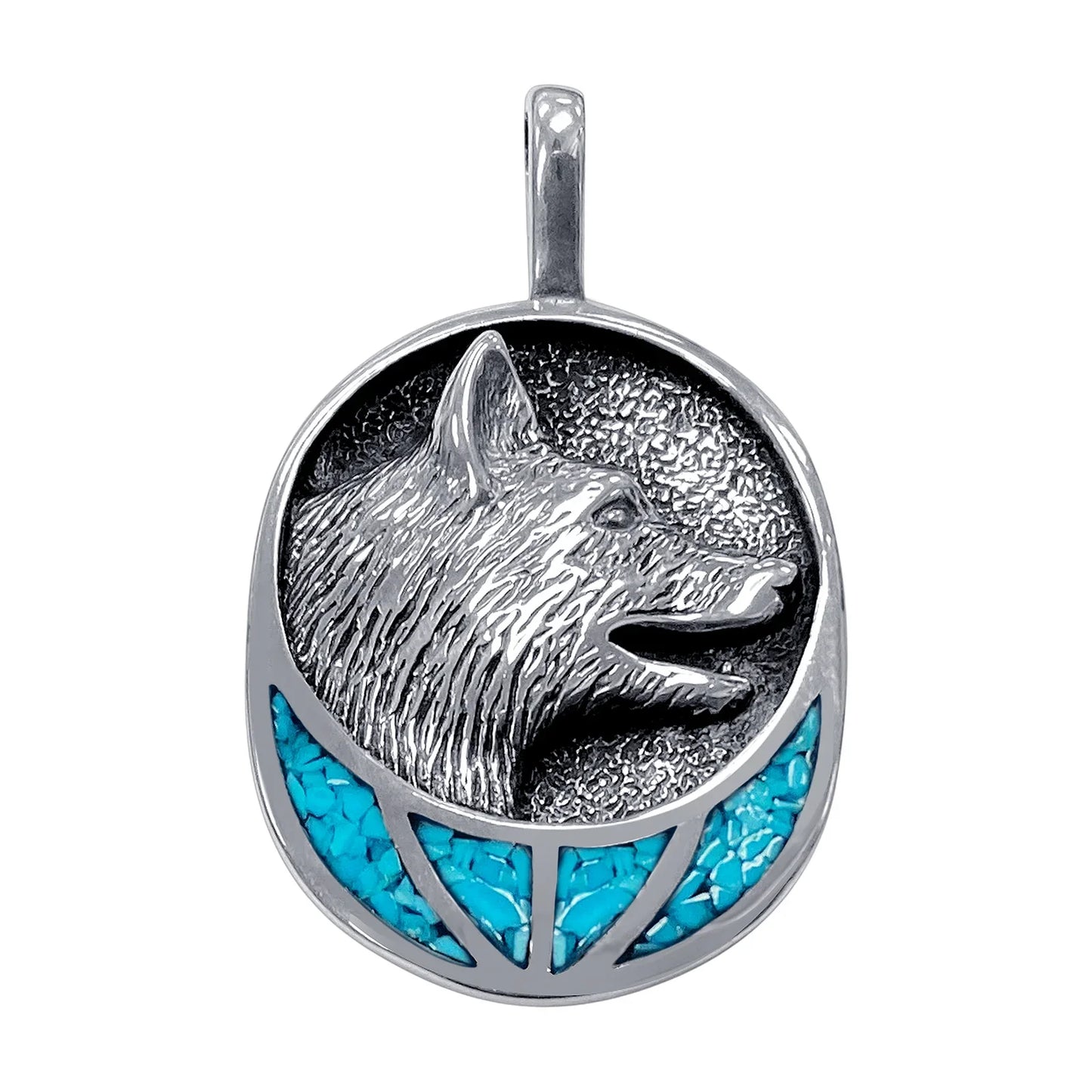 Turquoise Gemstone Inlay Wolf Head Design .925 Sterling Silver Pendant