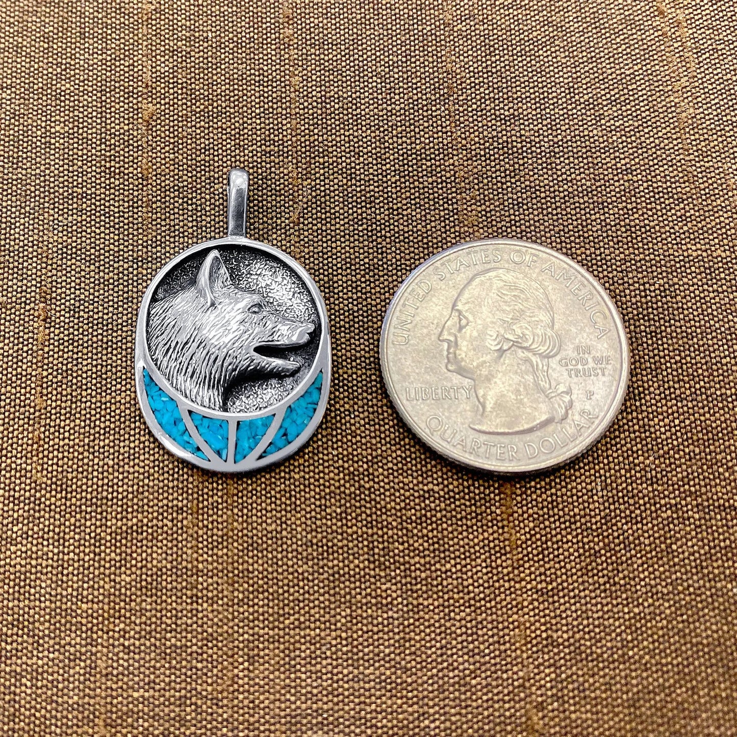 Turquoise Gemstone Inlay Wolf Head Design .925 Sterling Silver Pendant