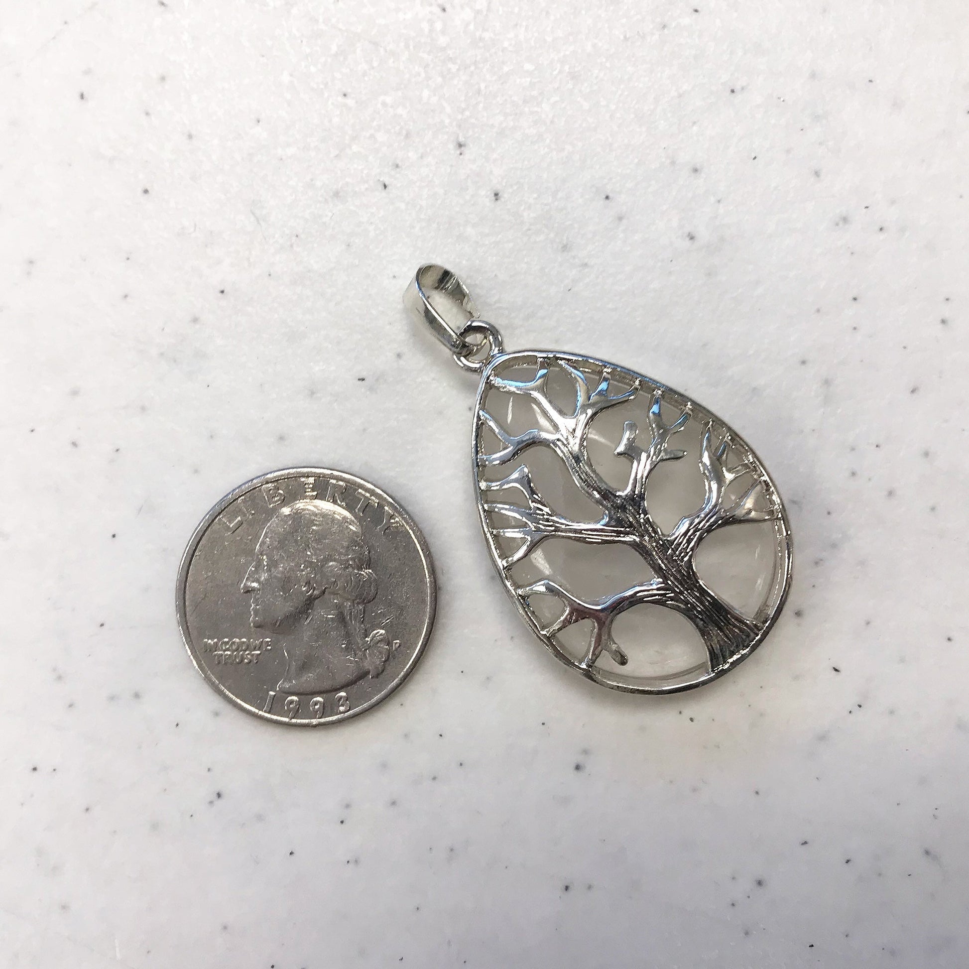 Silver Plated Tree of Life Teardrop Clear Quartz Gemstone Pendant - Gem Avenue