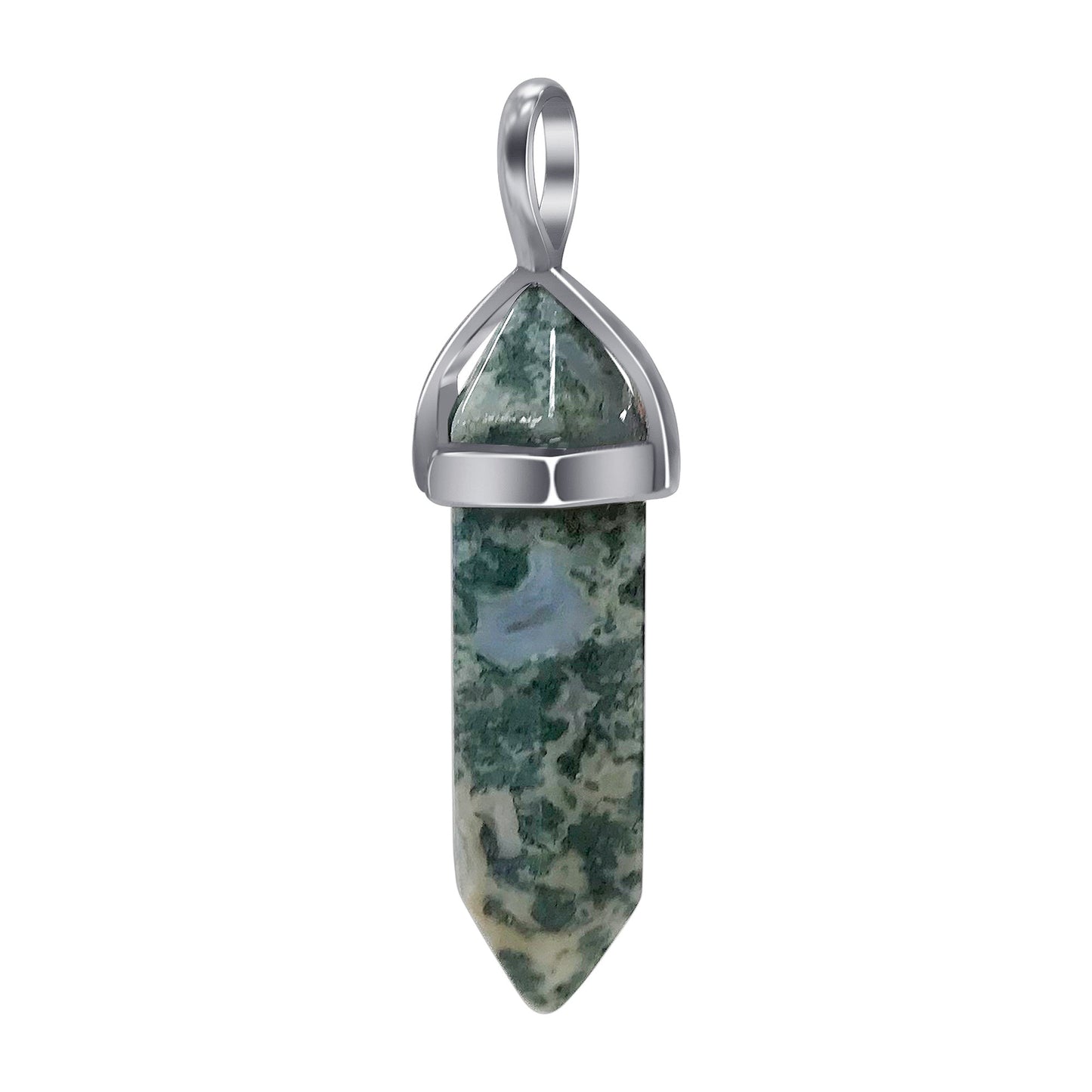 Moss Agate Double Terminated Hexagonal Bullet Point Pendulum Gemstone Pendant - Gem Avenue