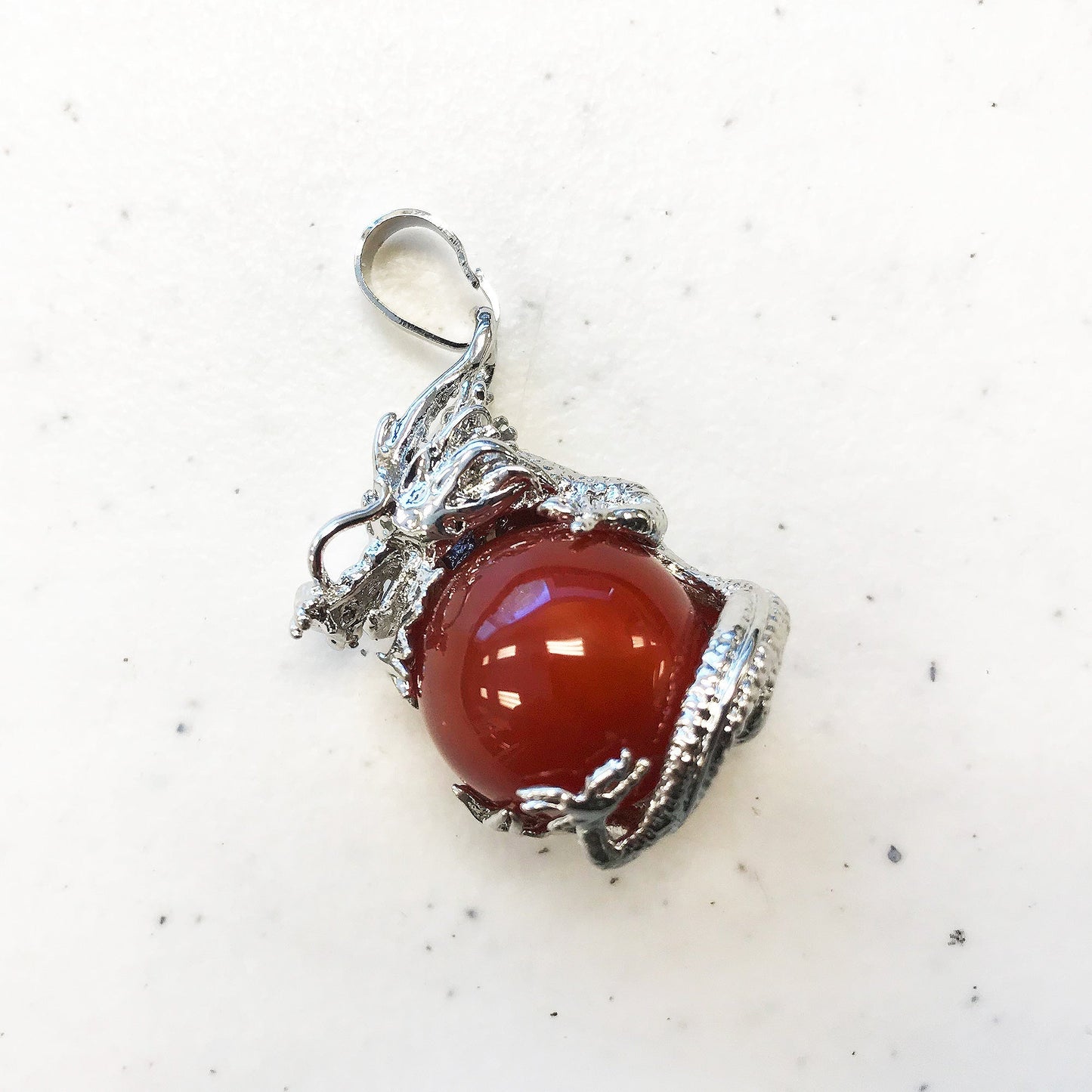 Silver Plated Dragon Necklace with Natural Round Gemstone Pendant
