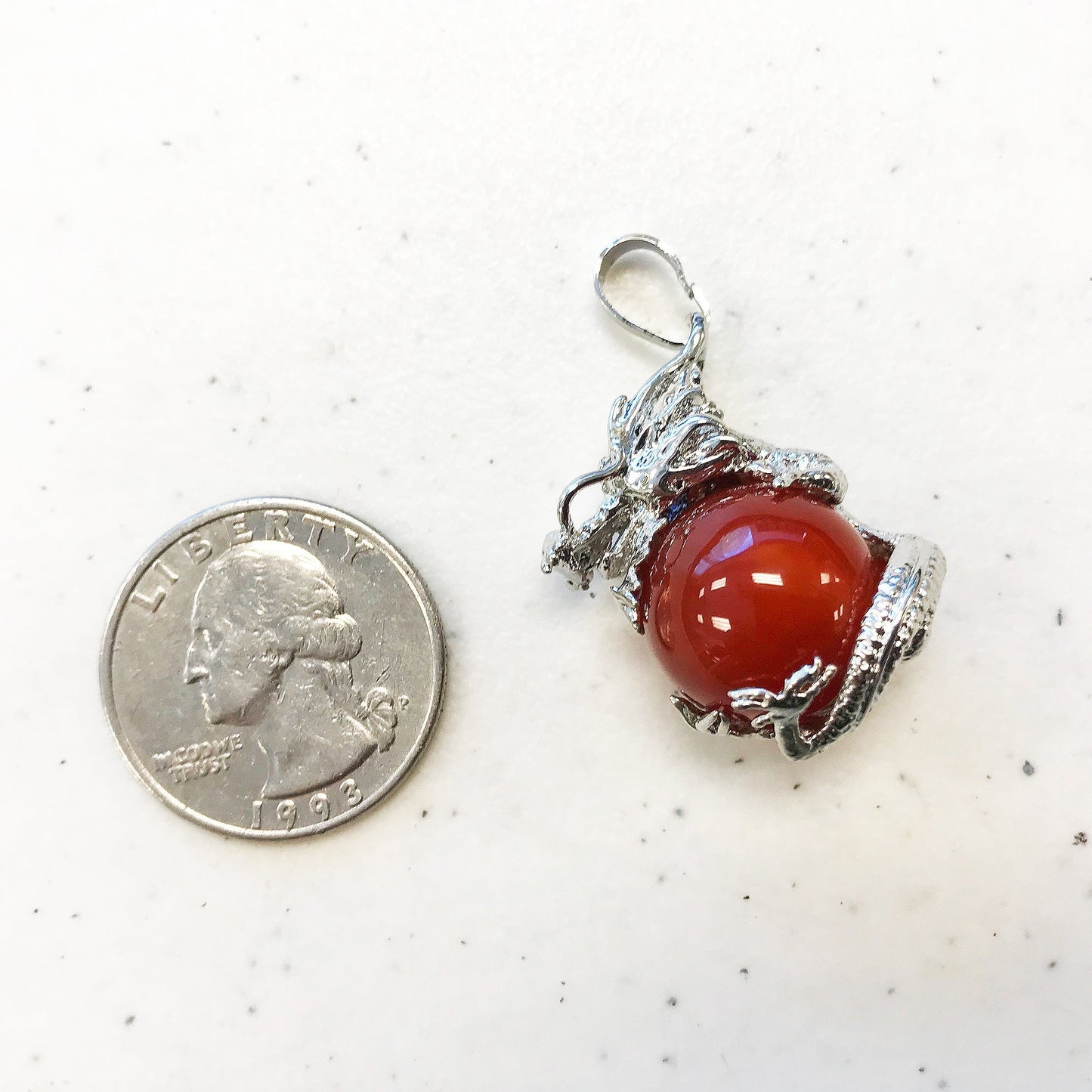Silver Plated Dragon Necklace with Natural Round Gemstone Pendant