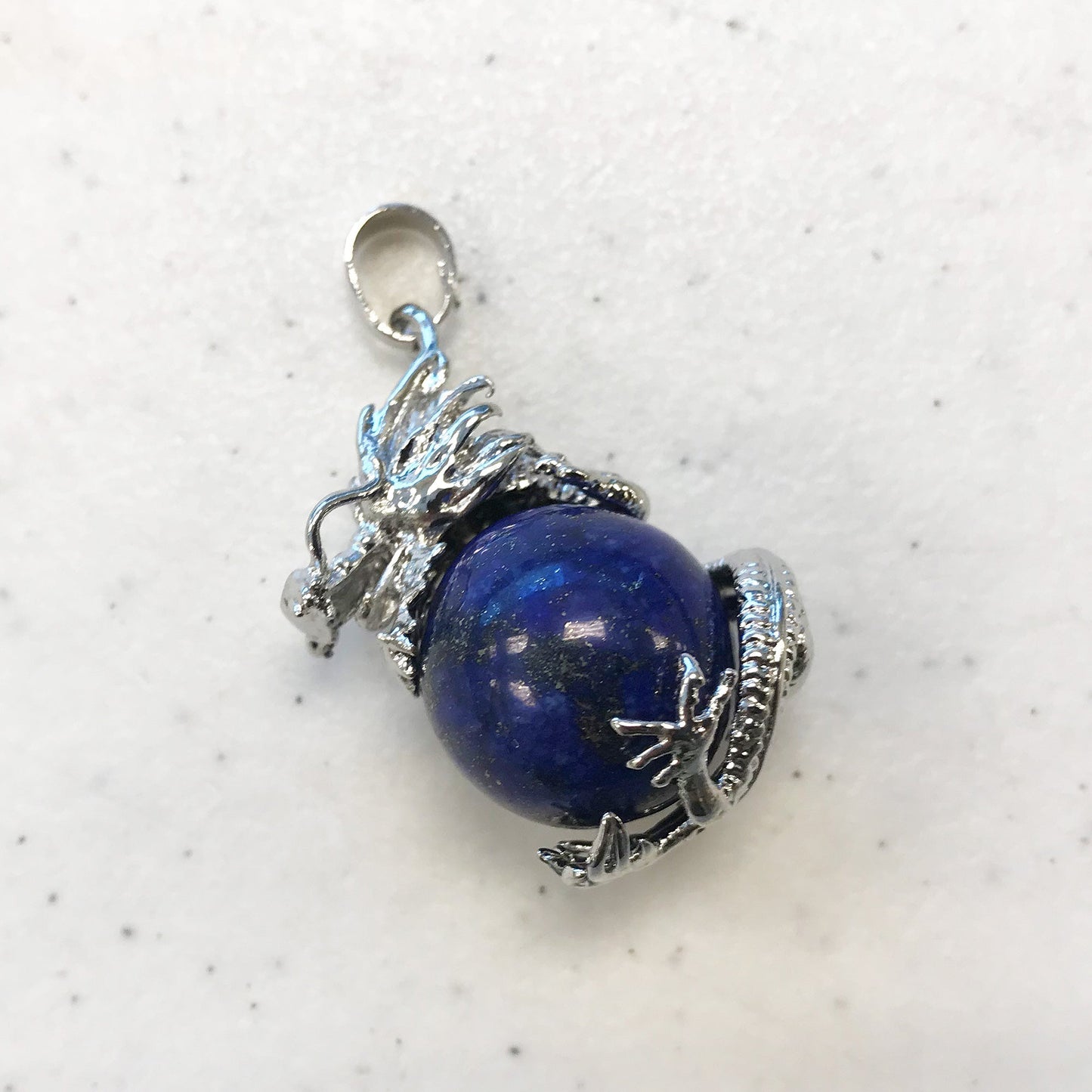Silver Plated Dragon Necklace with Natural Round Gemstone Pendant