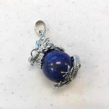 Silver Plated Dragon Necklace with Natural Round Gemstone Pendant