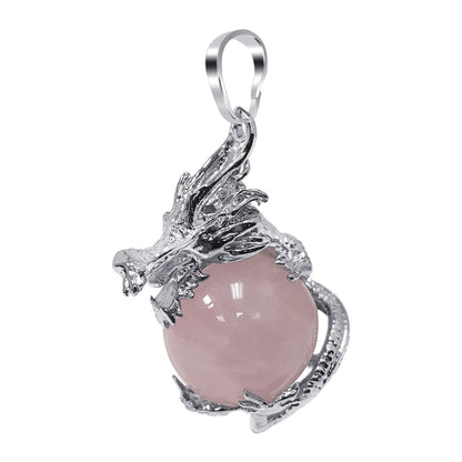 Silver Plated Dragon Necklace with Natural Round Gemstone Pendant