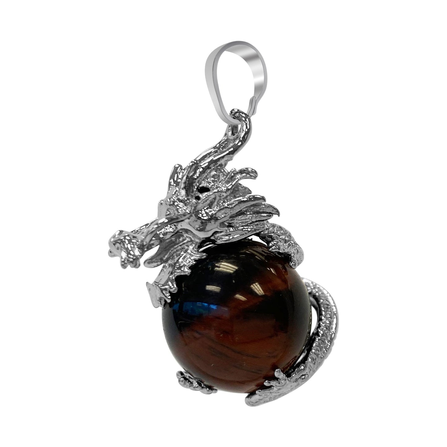 Silver Plated Dragon Necklace with Natural Round Gemstone Pendant