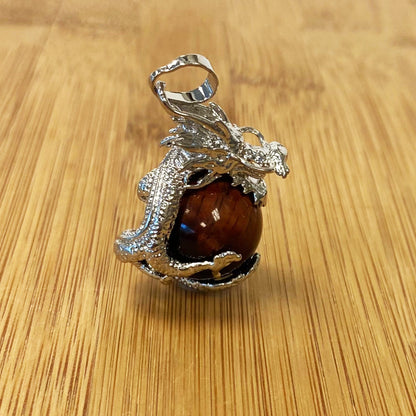 Silver Plated Dragon Necklace with Natural Round Gemstone Pendant